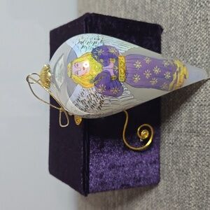 Pier 1 "Le Bien" Blown Glass Teardrop Ornament with Hand Painted Angel Design